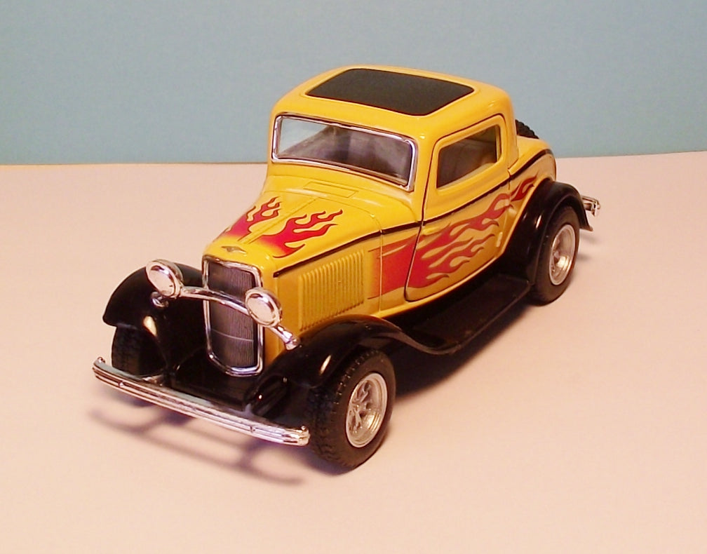 1932 Ford 3 Window Coupe 5" Die Cast Metal w/Pull Back Power & Opening Doors Yellow 37