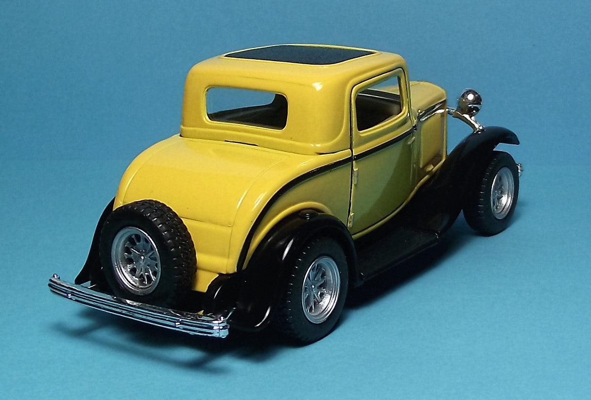 1932 Ford 3 Window Coupe 5" Die Cast Metal w/Pl Back Power & Opening Dr Yellow 4