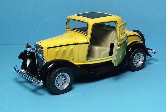1932 Ford 3 Window Coupe 5" Die Cast Metal w/Pl Back Power & Opening Dr Yellow 4