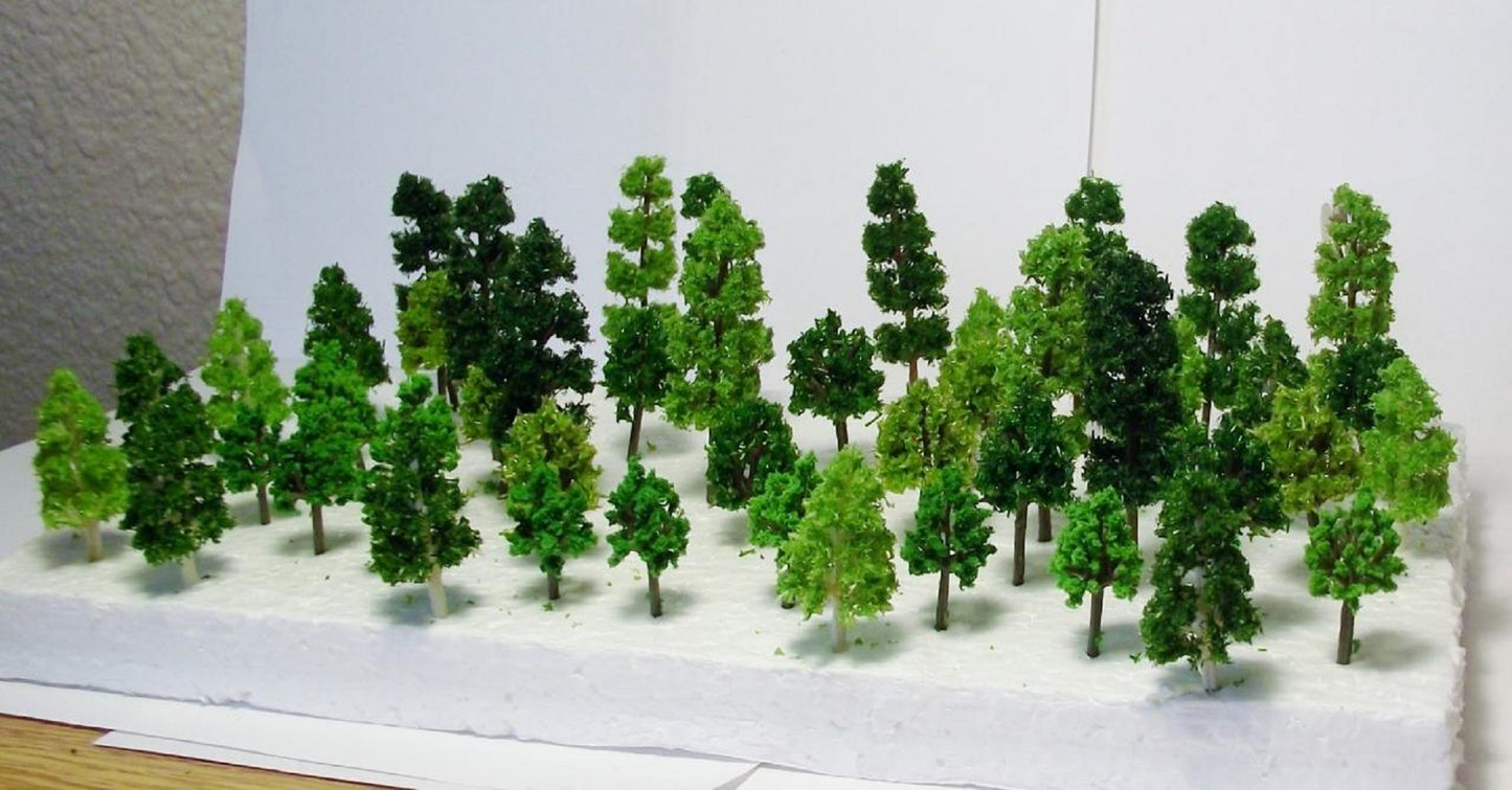 48 Piece N Scale Mixed Color Trees 12 pieces 2 3/8", 1 3/4", 1 5/8", & 1 1/4" in 3 Shades