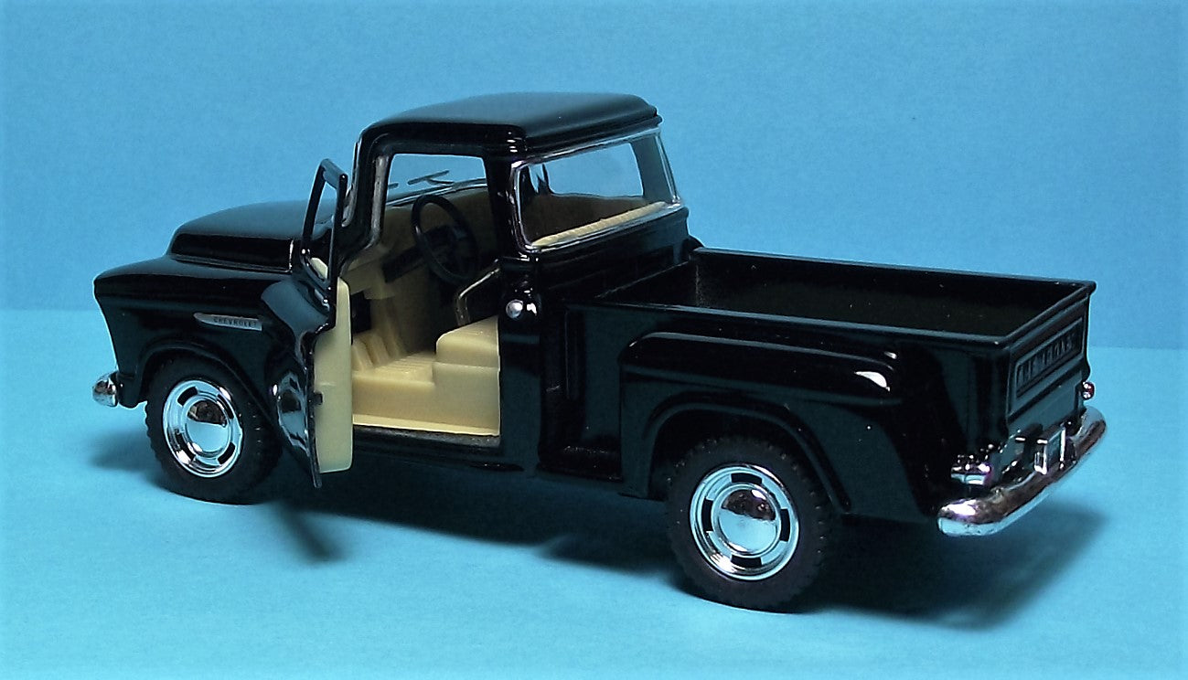 1955 Chevy Stepside Pickup 5" Die Cast Metal w/Pull Back Power & Opening Door Black 5
