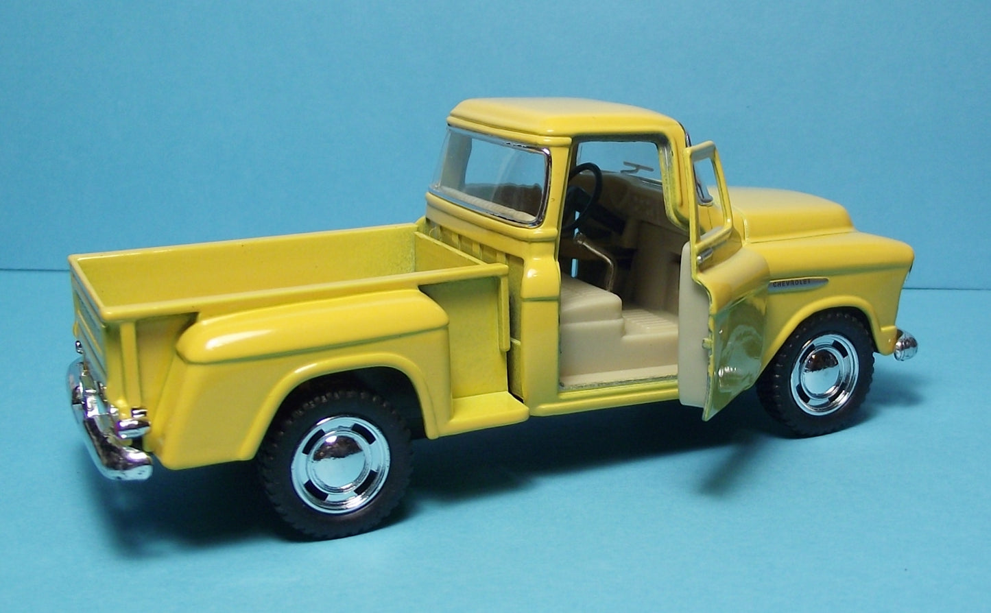 1955 Chevy Stepside Pickup 5" Die Cast Metal w/Pull Back Power & Opening Door Yellow 5