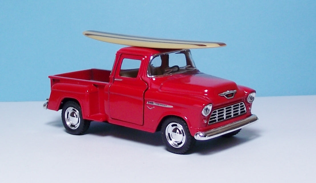 55 Chevy Stepside P/up w/Surfboard 5" Die Cast w/Pull Back Power & Opening Doors Red 52