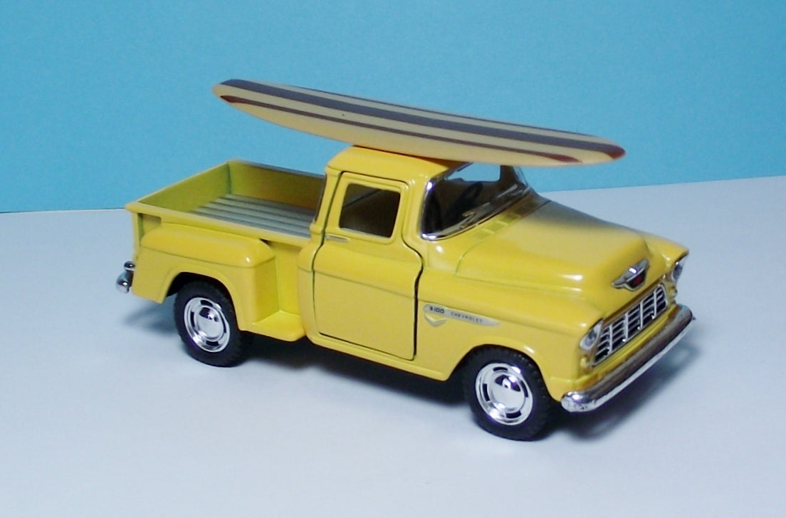 55 Chevy Stepside P/up w/Surfboard 5" Die Cast w/Pull Back Power & Opening Door Yellow 52