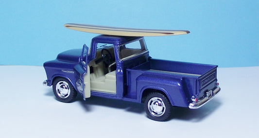 55 Chevy Stepside P/up w/Surfboard 5" Die Cast w/Pull Back Pwr & Opening Door Blue 52
