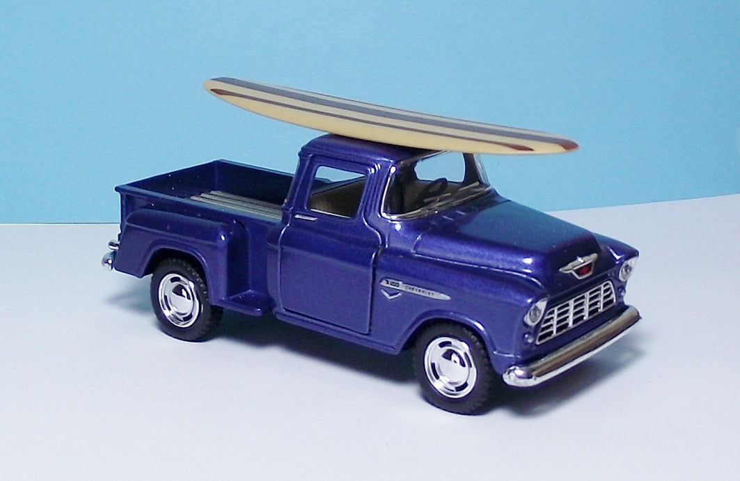55 Chevy Stepside P/up w/Surfboard 5" Die Cast w/Pull Back Pwr & Opening Door Blue 52
